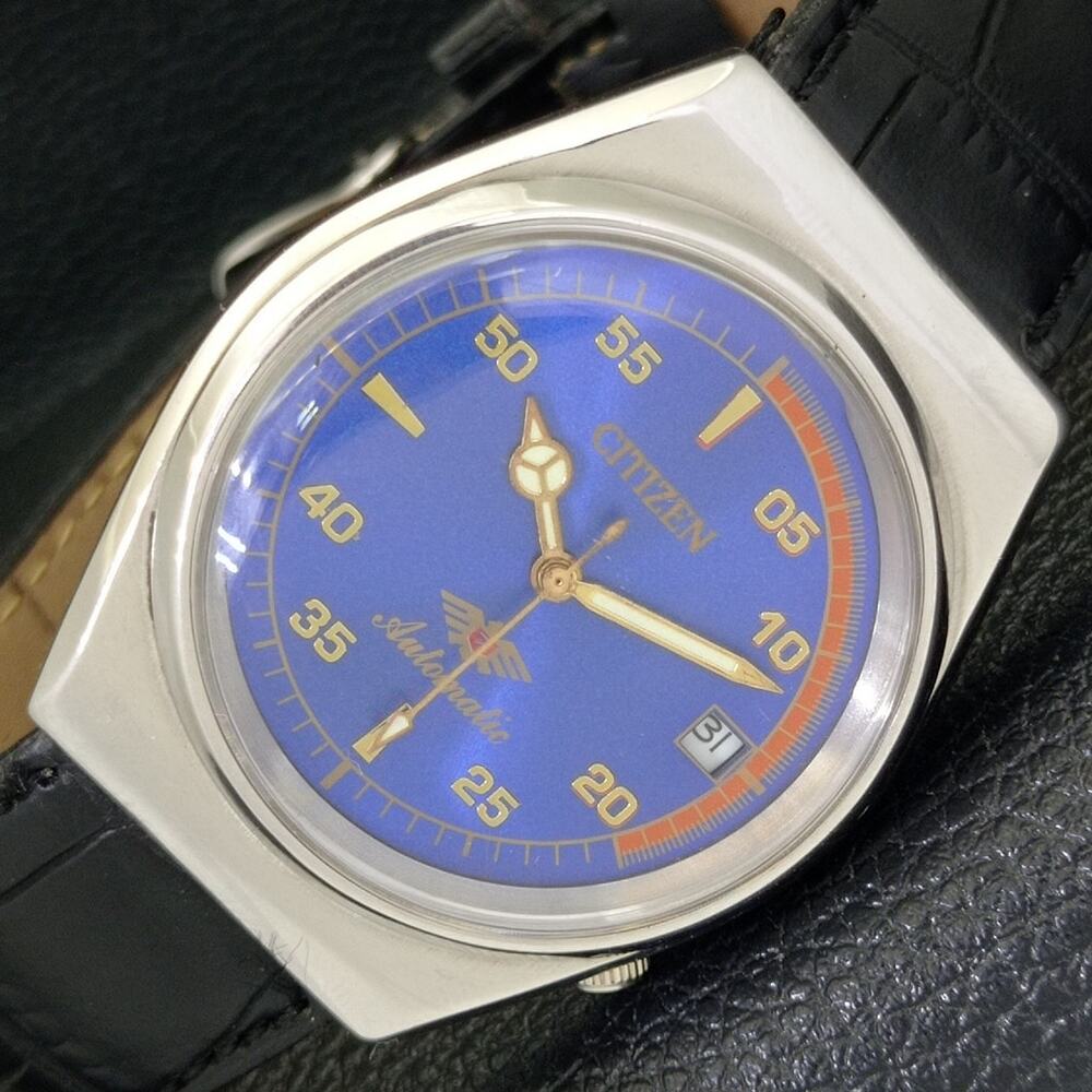 Vintage 1986 Citizen Automatic Mens Silver Watch W/daydate & Blue accents